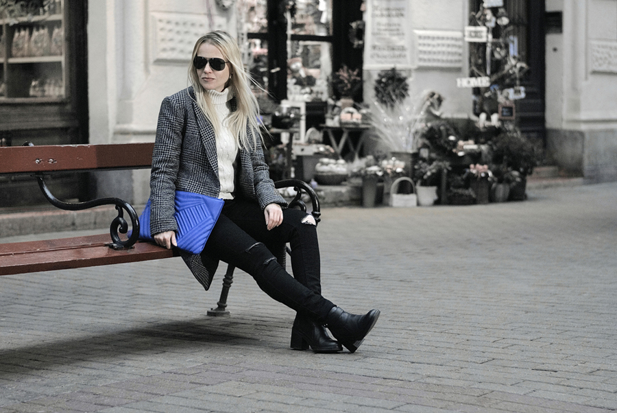 beat the spring chill in style: check boyfriend coat, ripped jeans, chunky knit and bold clutch black white pattern minimal print