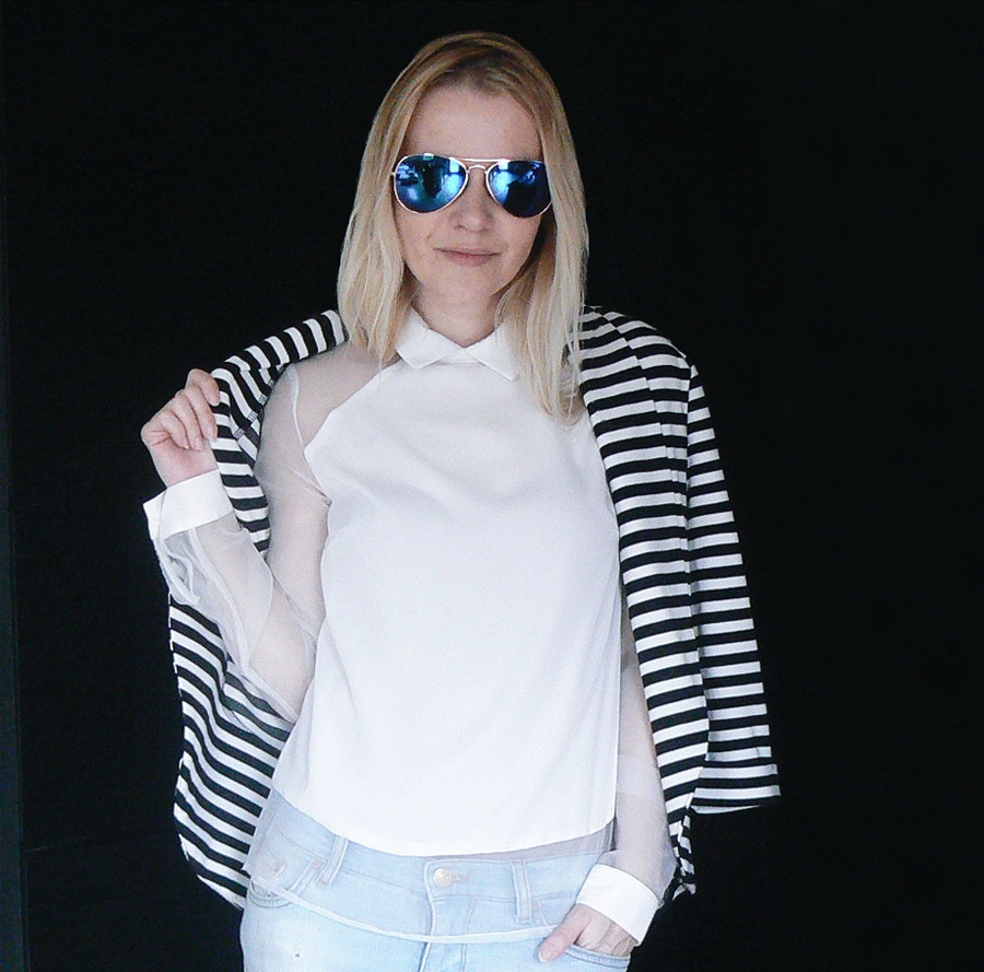 light blue distressed jeans, organza panel shirt, monochrome stripe blazer, mirrored aviators studded heels, striped blazer black white pattern minimal