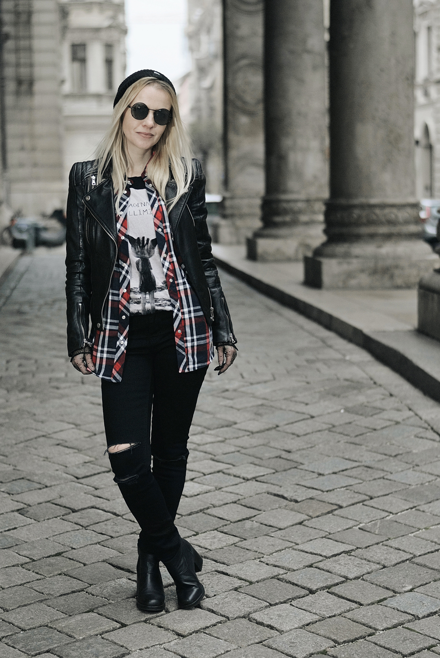 nineties grunge layered look leather biker check shirt round shades ripped jeans