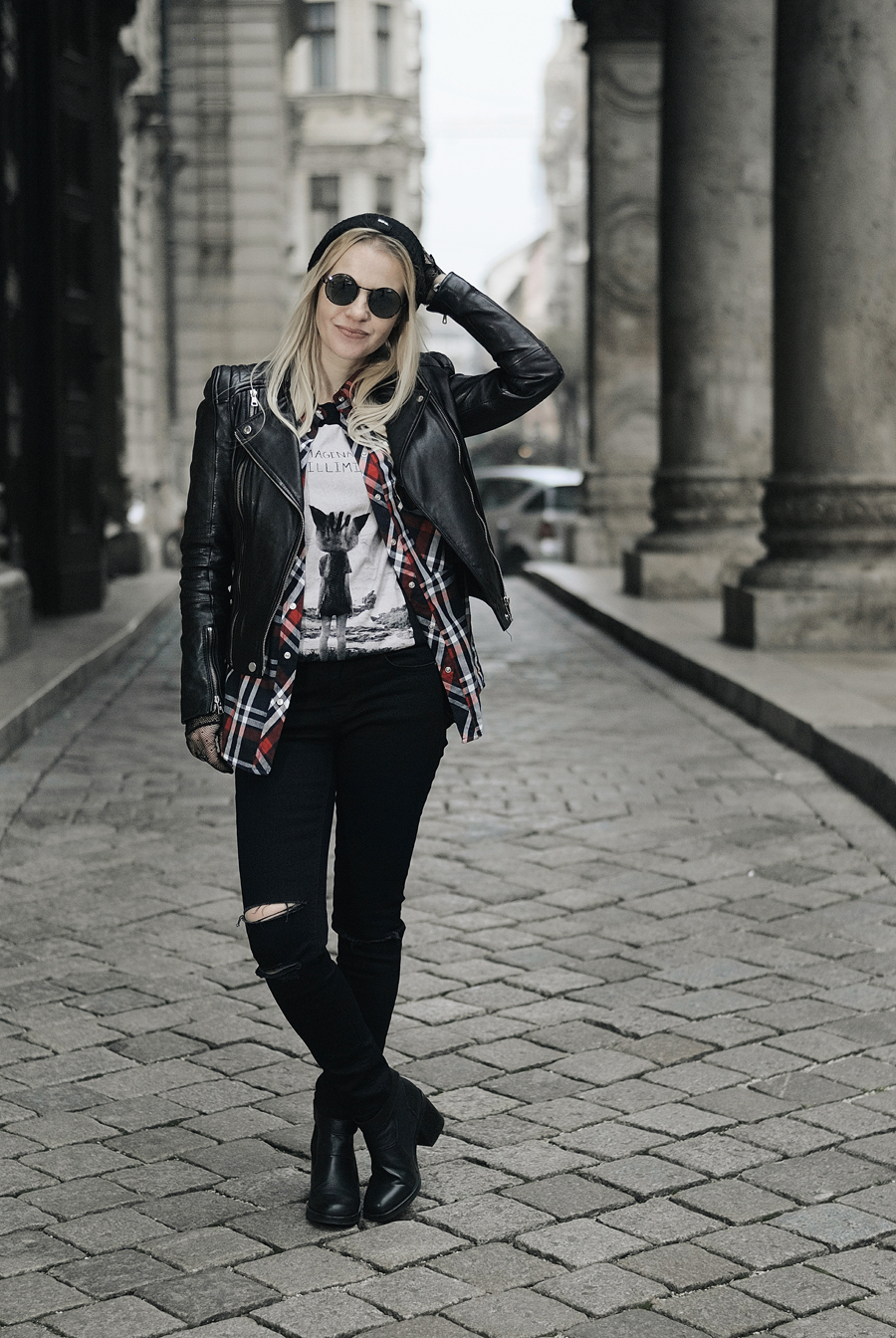 nineties grunge layered look leather biker check shirt round shades ripped jeans