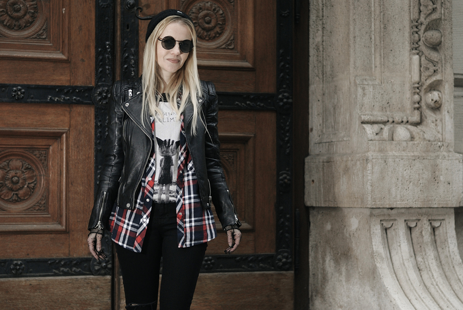 nineties grunge layered look leather biker check shirt round shades ripped jeans