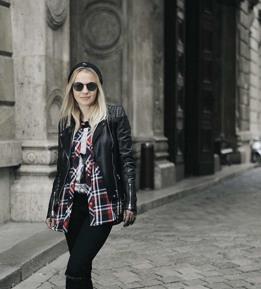 nineties grunge layered look leather biker check shirt round shades ripped jeans