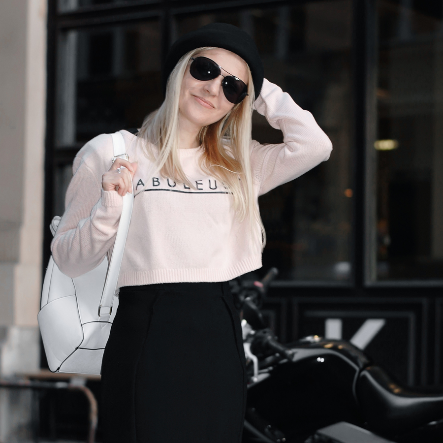 french chic cropped sweater black dress white backpack bowler hat EPIC STREET STYLE by Gabriella