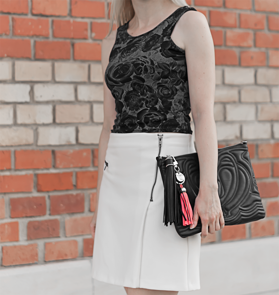 floral nineties crop top, white biker skirt, straw trilby, chunky minimal sandals, black aviators, summer outfit