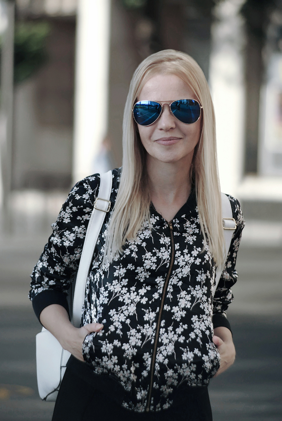 3 ways to wear the black pencil dress, city chic, floral bomber, little black dress, leopard skaters, white backpack, mirrored aviators