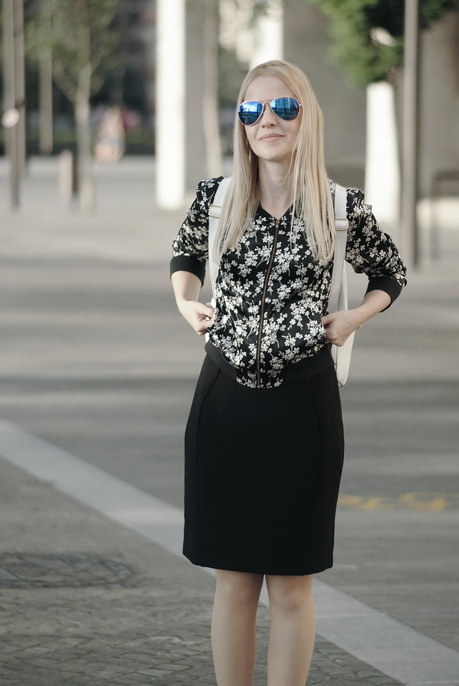 3 ways to wear the black pencil dress, city chic, floral bomber, little black dress, leopard skaters, white backpack, mirrored aviators