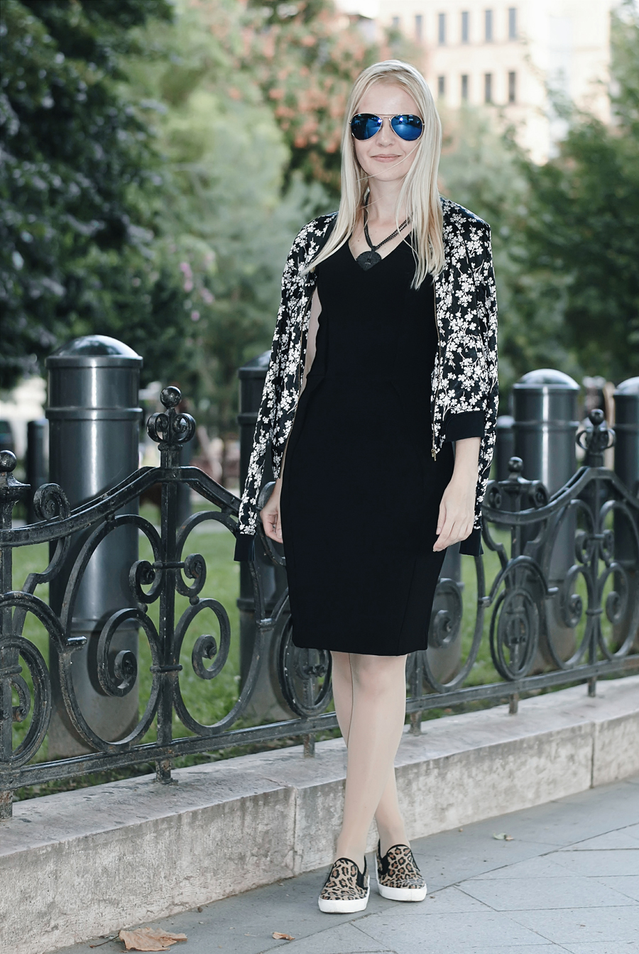 3 ways to wear the black pencil dress, city chic, floral bomber, little black dress, leopard skaters, white backpack, mirrored aviators