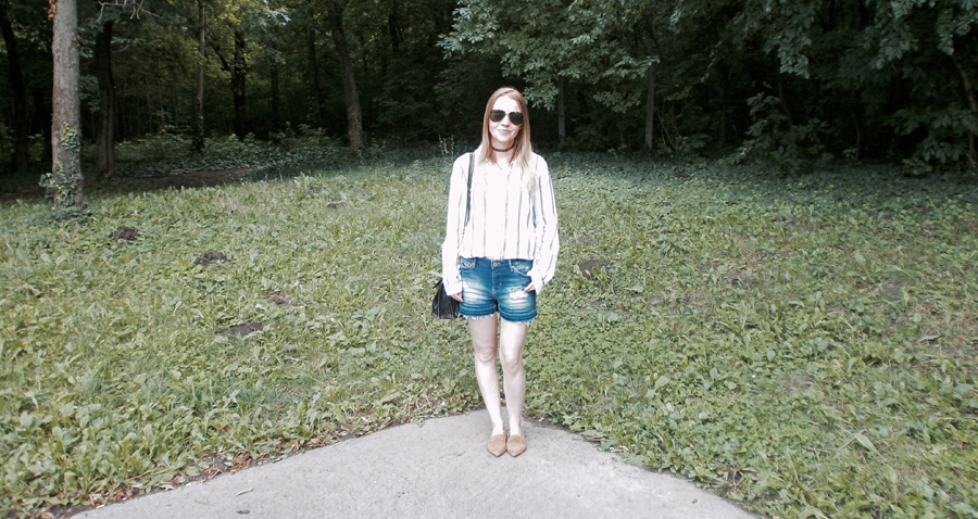 summer casual chic, striped shirt, distressed denim shorts, suede flats