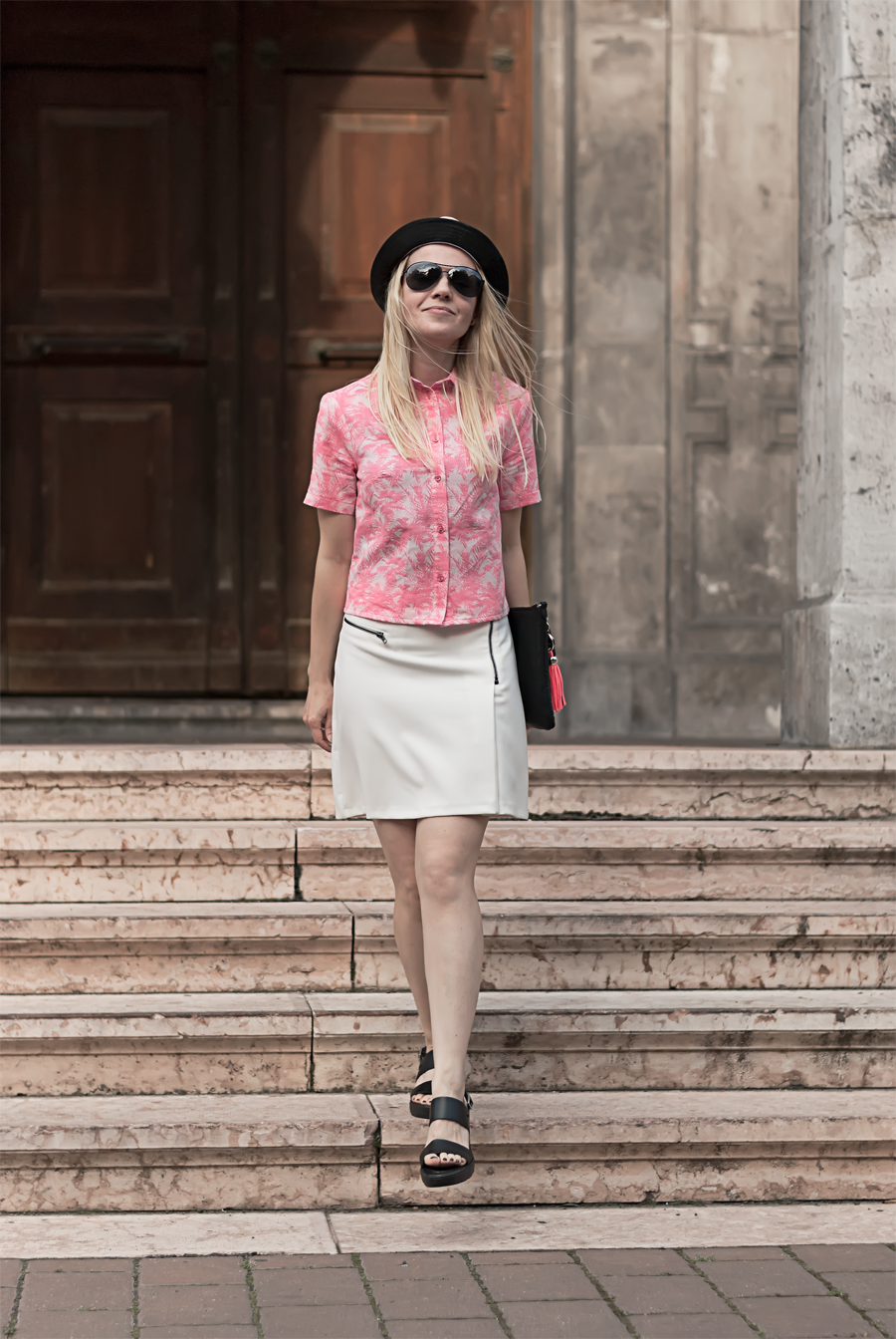 pink palm print shirt biker skirt tassel clutch hat cuban tropical caribbean look EPIC STREET STYLE by Gabriella