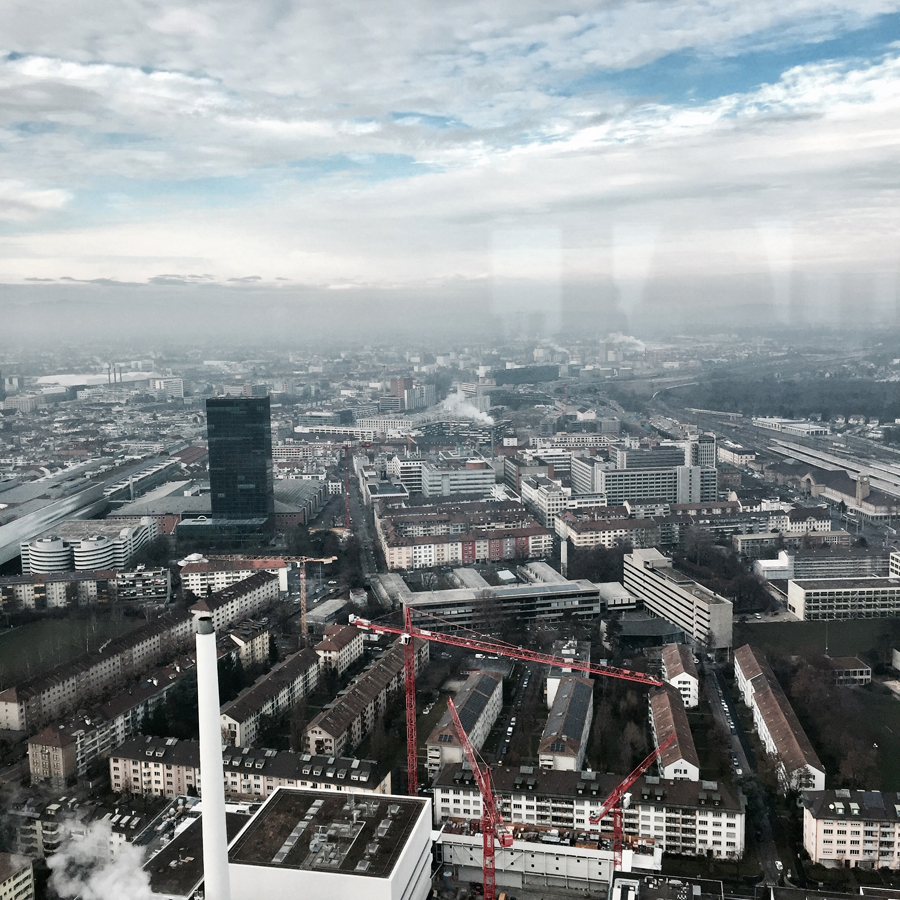 basel city skyscraper modern roche tower view cityscape landscape messeturm mist