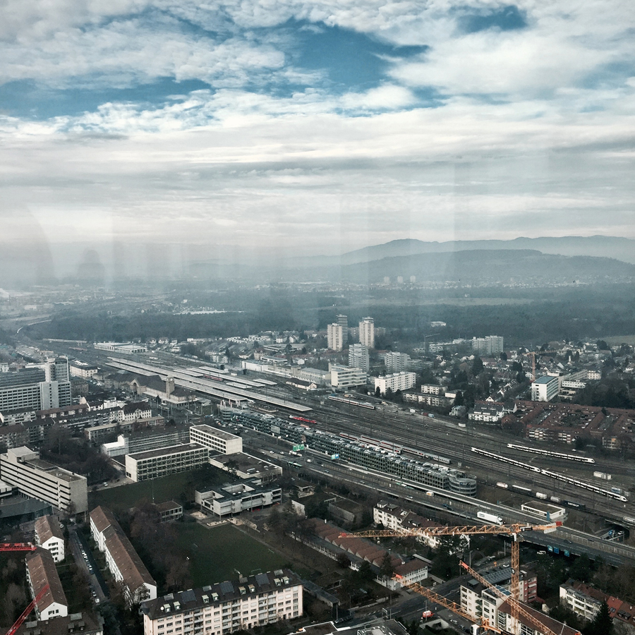 basel city skyscraper modern roche tower view cityscape landscape mountains winter mist