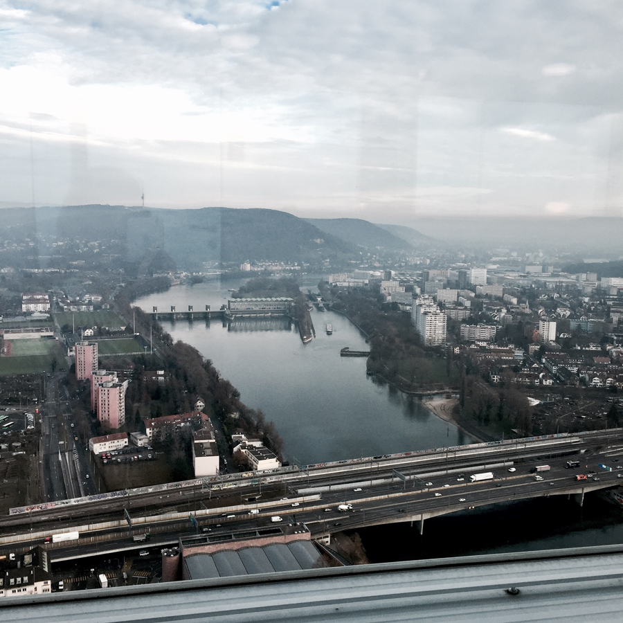 basel city skyscraper modern roche tower view cityscape landscape river rhine winter mist