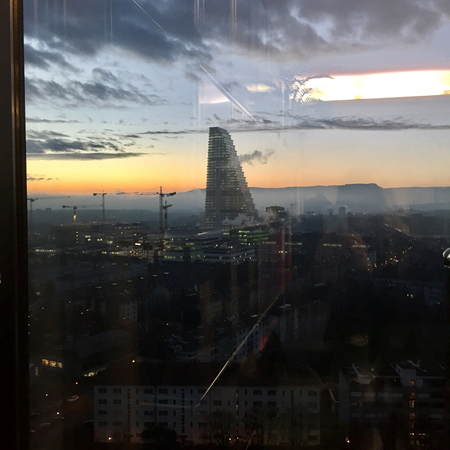 basel city skyscraper messeturm modern view roche tower winter sunrise colours