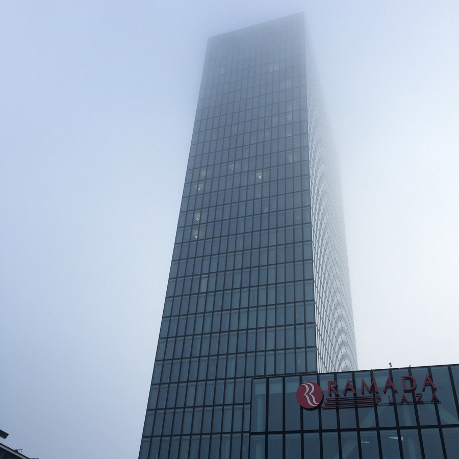 basel city skyscraper messeturm modern winter mist