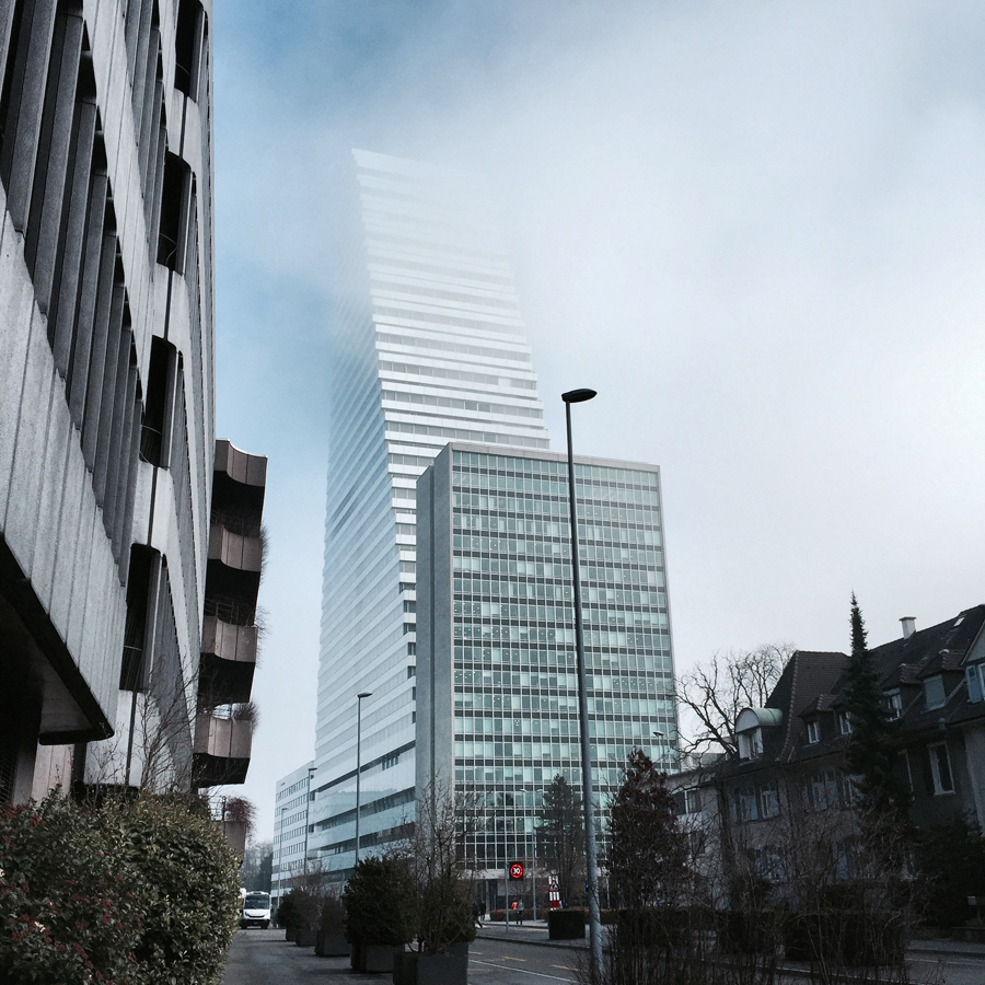 basel city skyscraper modern view roche tower winter mist