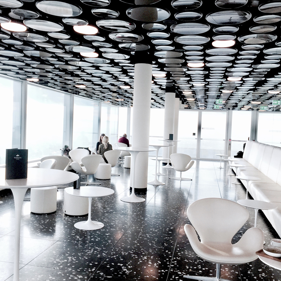 basel city skyscraper modern roche tower pebbles lounge sci-fi retro futuristic white sleek chic interior design inspo