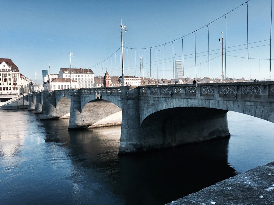 basel switzerland europe river rhine rhein view sunshine winter middle bridge mittlere brucke