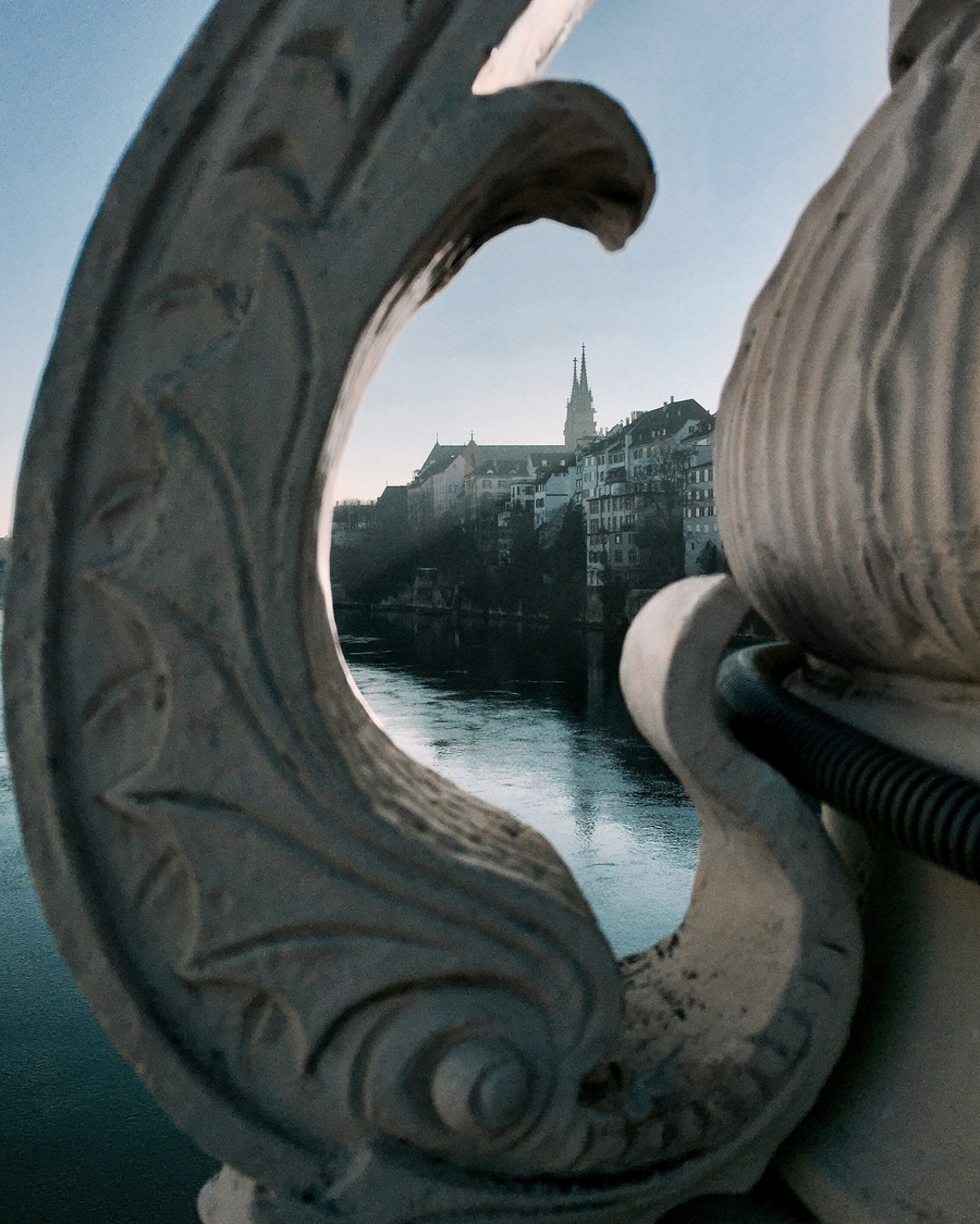 basel switzerland europe river rhine rhein view sunshine winter middle bridge mittlere brucke view cathedral munster