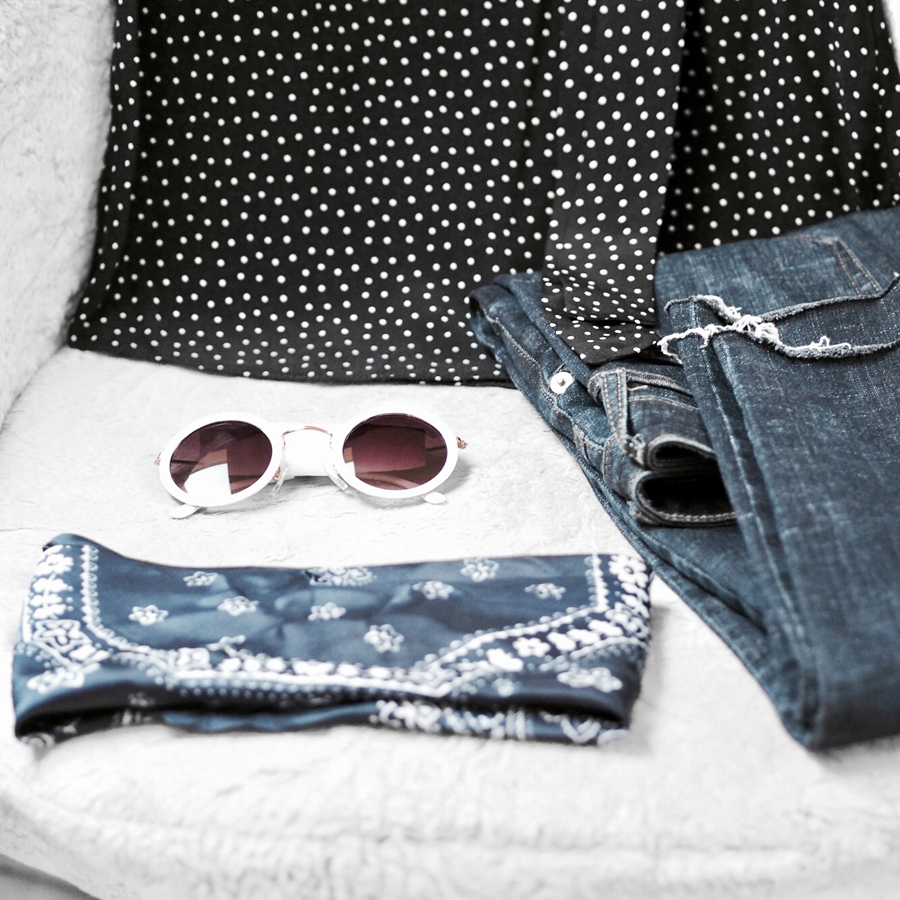 minimal outfit details bandana scarf pinspot shirt ripped hem jeans