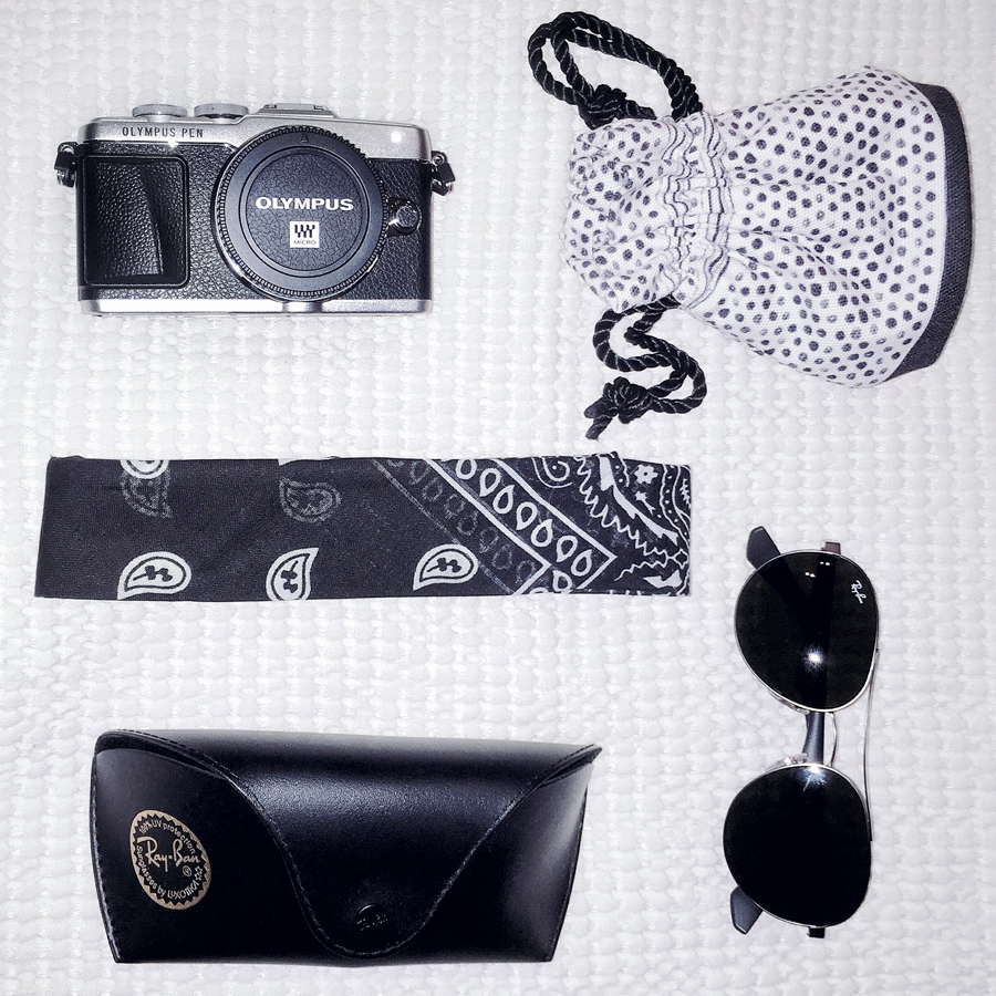 Olympus Pen camera Ray-Ban sunglasses New Look bandana black and white