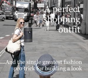 the single greatest fashion pro trick for building an outfit, baroque tile print blue gold trousers, white Mexico motif t-shirt, white round sunglasses, beige flat loafers, canvas and leather shopper, shopping, Regent Street London