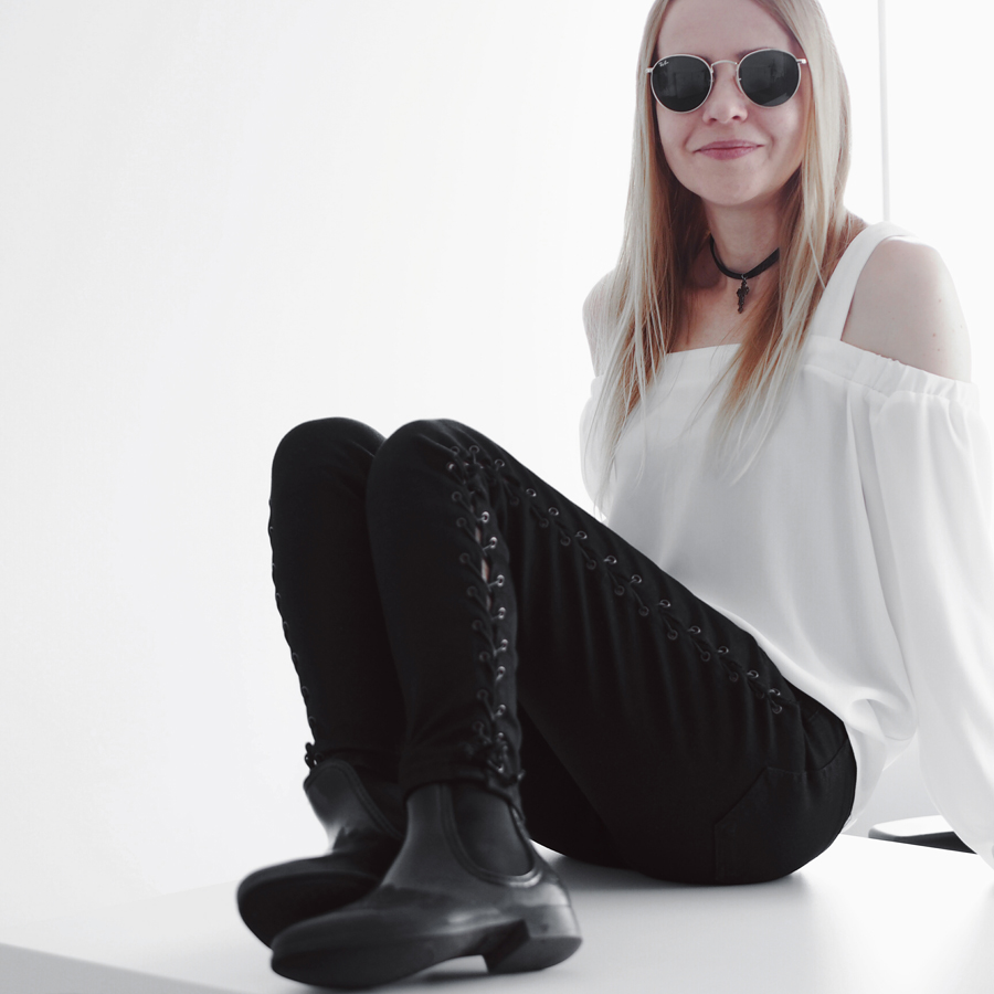 lace-up jeans office festival rain minimal outfit black off-shoulder top chelsea wellies smart casual ray-ban