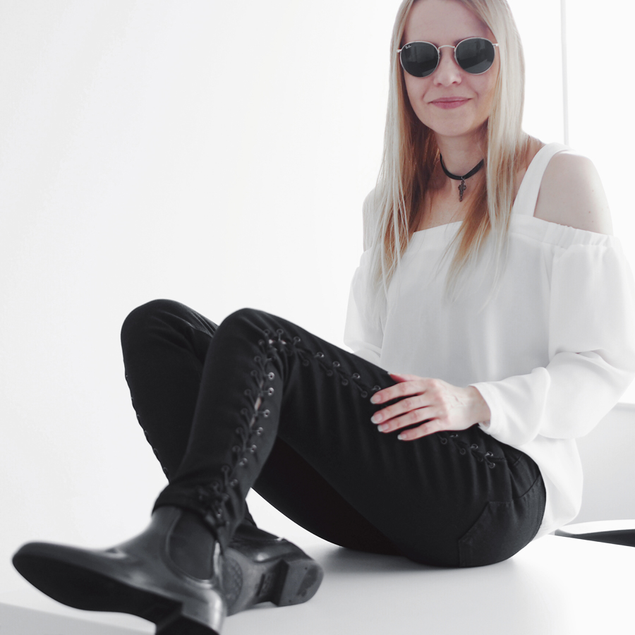 lace-up jeans office festival rain minimal outfit black off-shoulder top chelsea wellies smart casual ray-ban