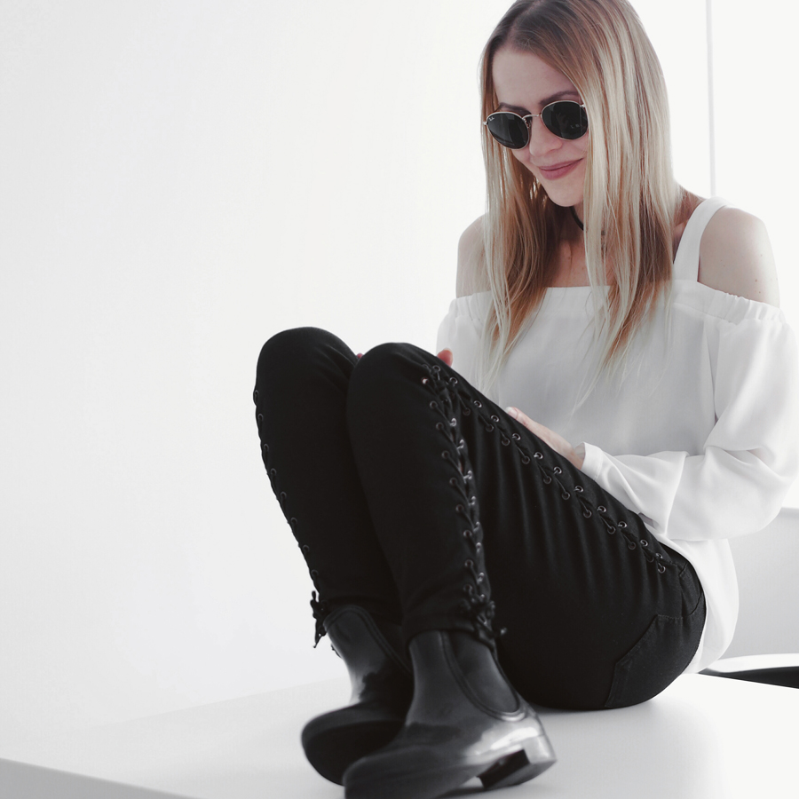 lace-up jeans office festival rain minimal outfit black off-shoulder top chelsea wellies smart casual ray-ban