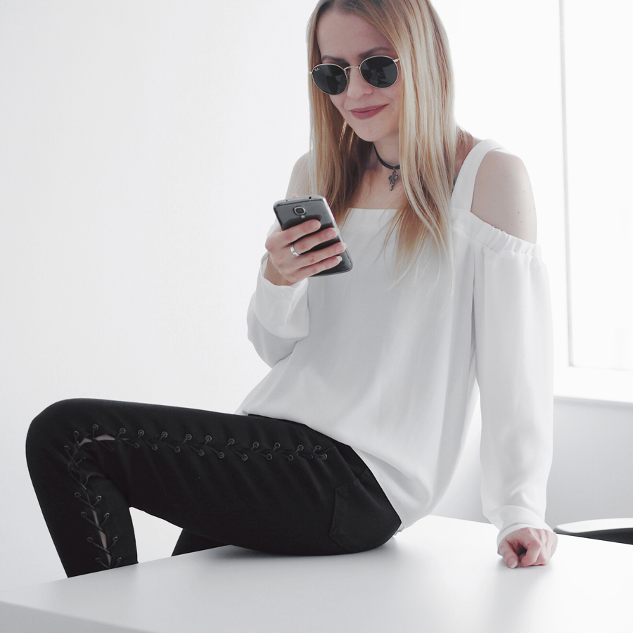 lace-up jeans office festival rain minimal outfit black off-shoulder top chelsea wellies smart casual ray-ban