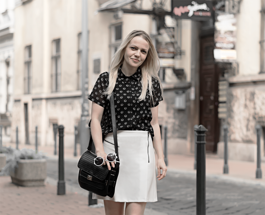 minimal black white inverted classic outfit monochrome outfit biker skirt summer shirt leather slides smart look