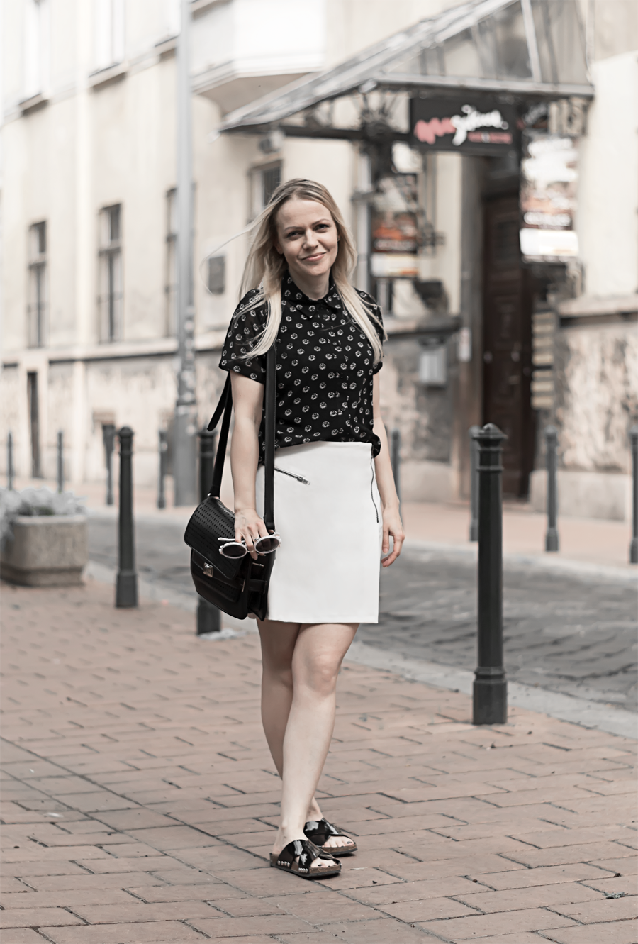 minimal black white inverted classic outfit monochrome outfit biker skirt summer shirt leather slides smart look