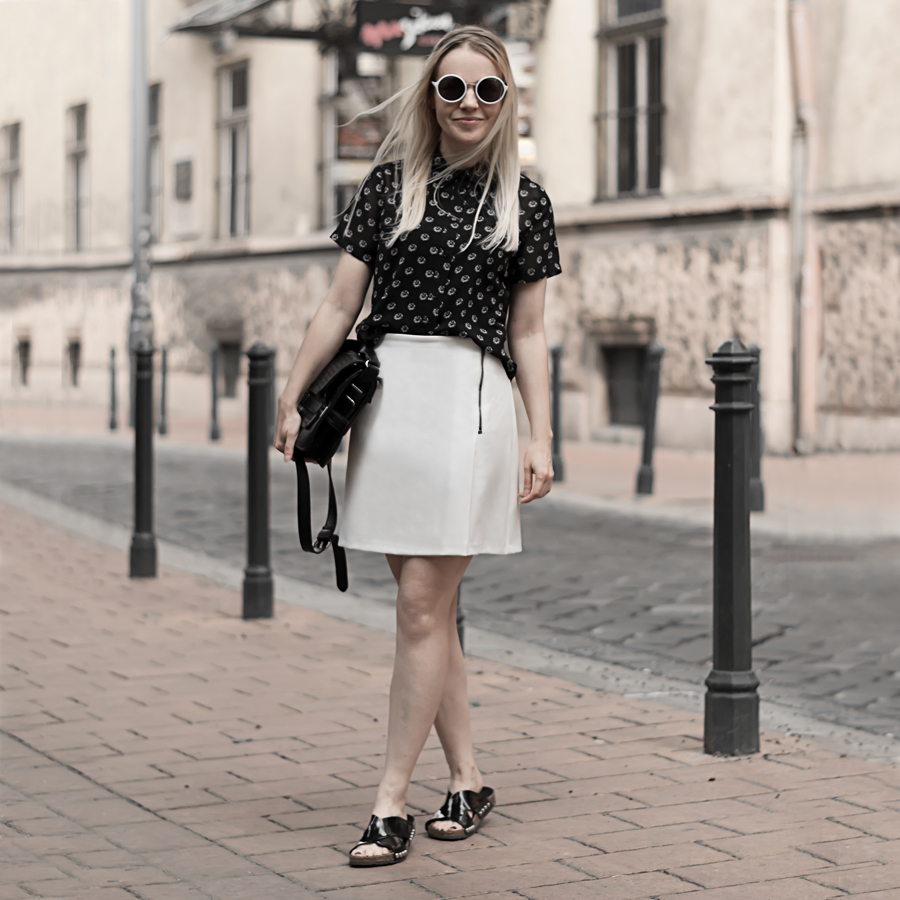 minimal black white inverted classic outfit monochrome outfit biker skirt summer shirt leather slides smart look
