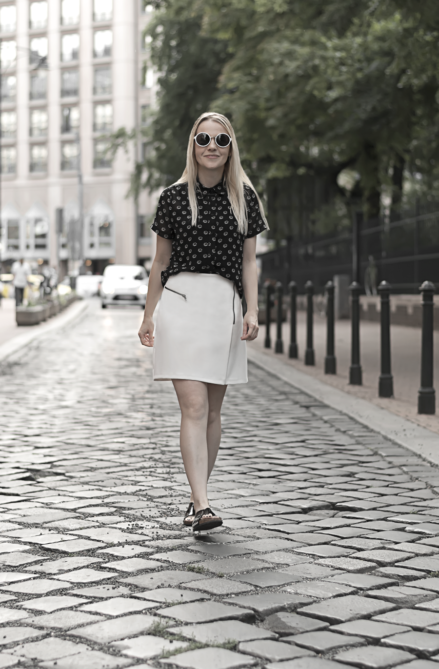 minimal black white inverted classic outfit monochrome outfit biker skirt summer shirt leather slides smart look