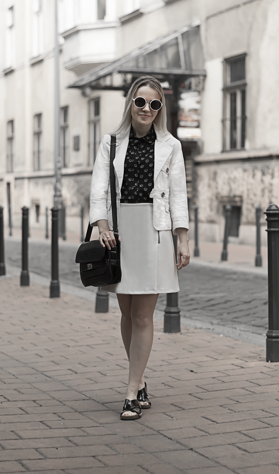 minimal black white inverted classic outfit monochrome outfit biker skirt summer shirt leather slides smart look