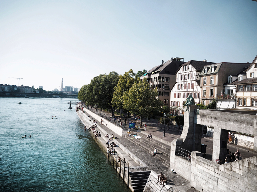 Basel Switzerland riverside statue summer