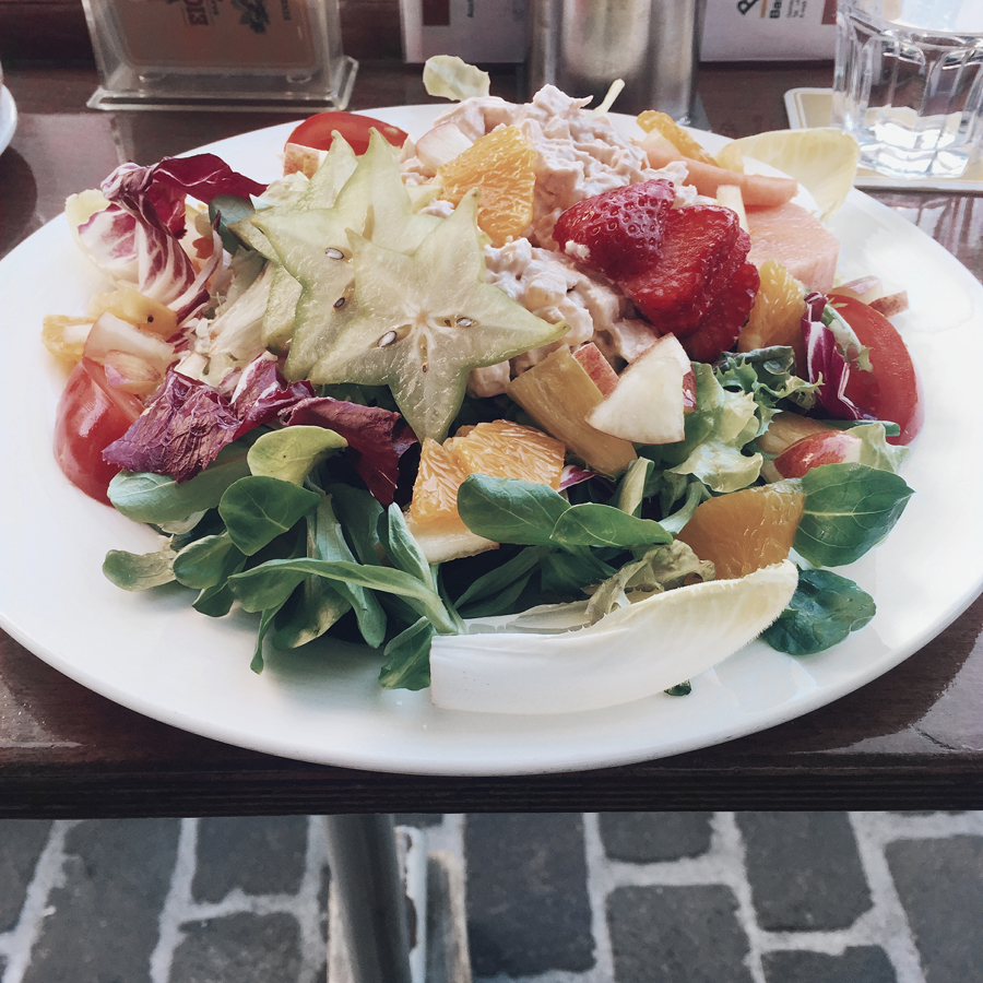 Basel Switzerland Oldtown Restaurant Stadthof fruit chicken salad