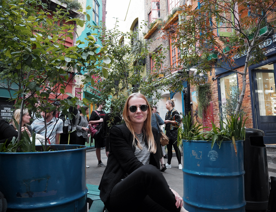 black suit luxe leather mules stripes ray-ban london Neal's Yard Soho outfit