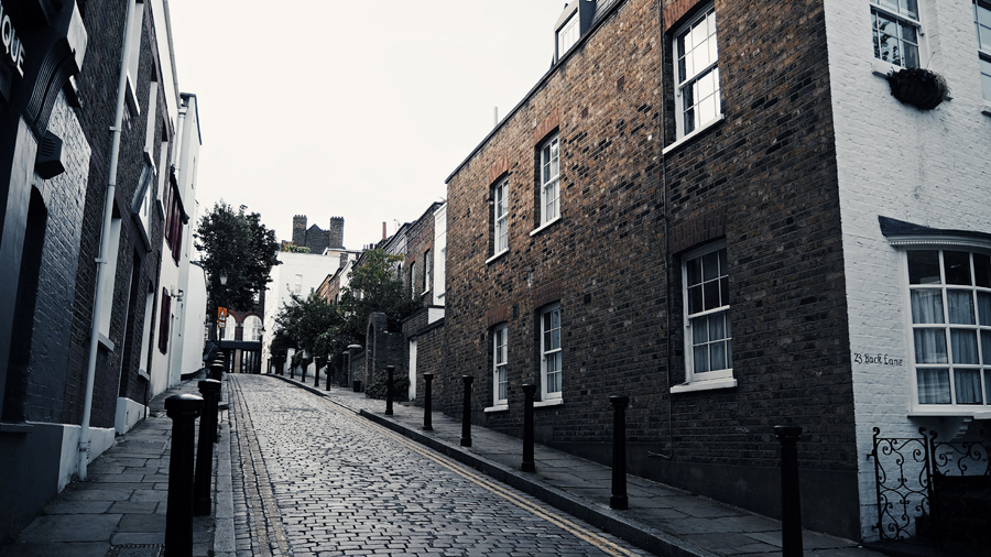 Hampstead London neighbourhood cobbled street alley Back Lane streetview architecture