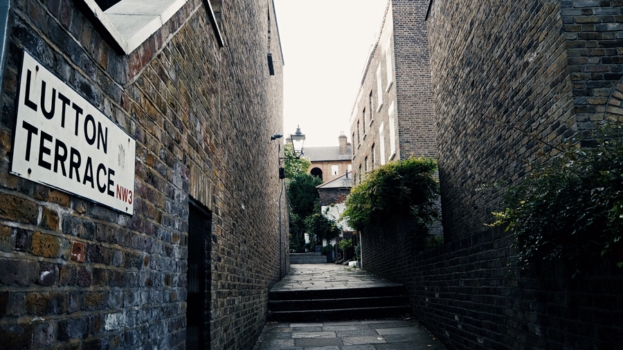 Hampstead London neighbourhood brick walls alley Lutton Terrace