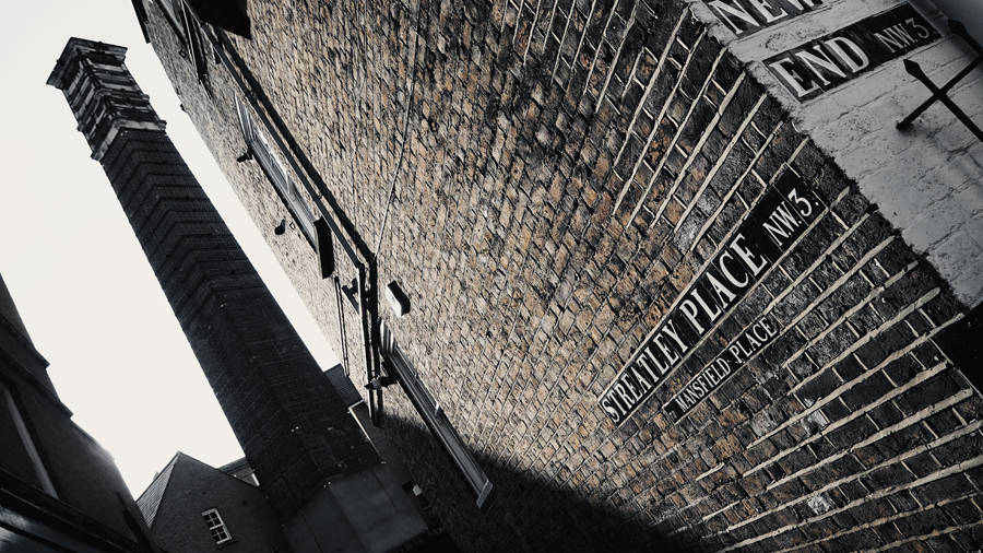 London Hampstead neighbourhood streatley place alley tower brick walls