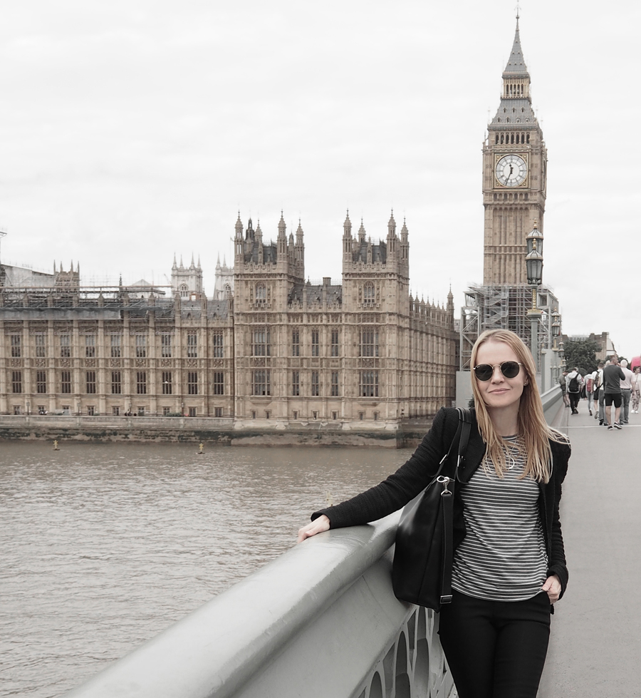 black suit luxe leather mules stripes ray-ban london Big Ben London view outfit