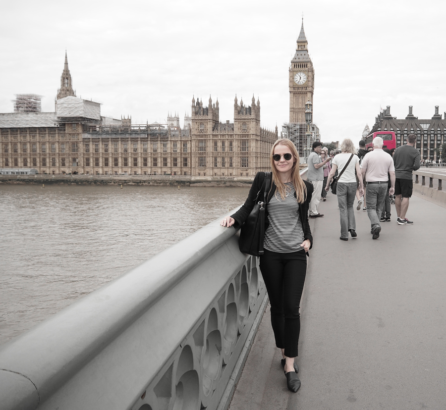 black suit luxe leather mules stripes ray-ban london Big Ben London view outfit