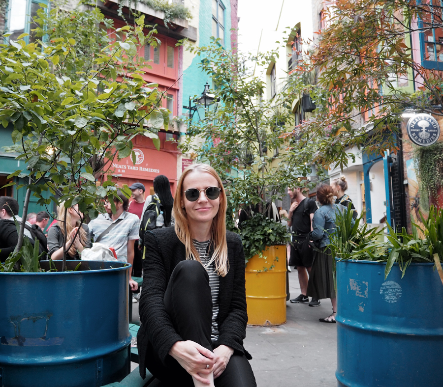 black suit luxe leather mules stripes ray-ban london Neal's Yard Soho outfit