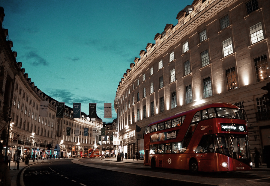 Regent Street London double decker bus night lights