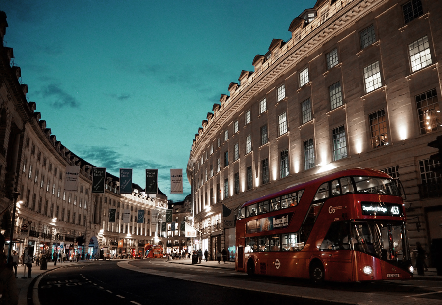 Regent Street London double decker bus night lights
