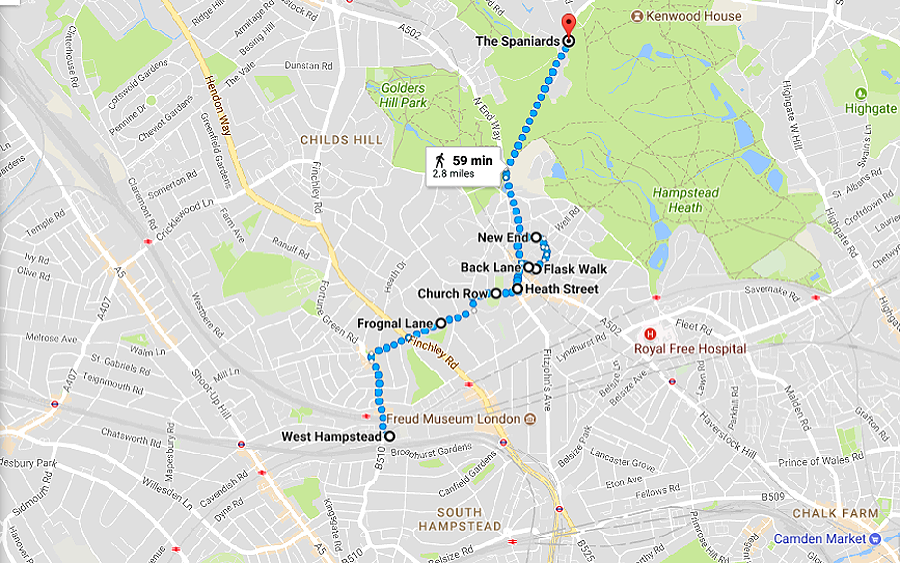 west hampstead hampstead heath Spaniards Inn walk route map