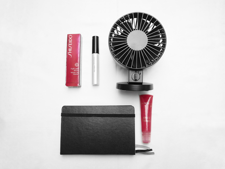 beauty and London staples Shiseido full lash serum Lancome Juicy Tubes Muji USB fan Moleskine London notebook