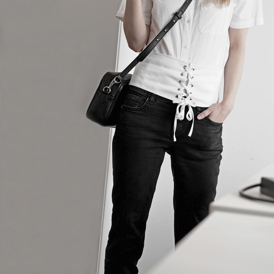 corset belt crisp white minimal luxe outfit