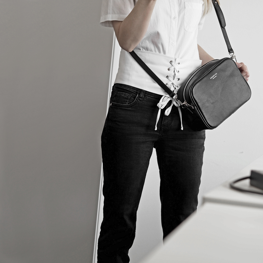 corset belt crisp white minimal luxe outfit