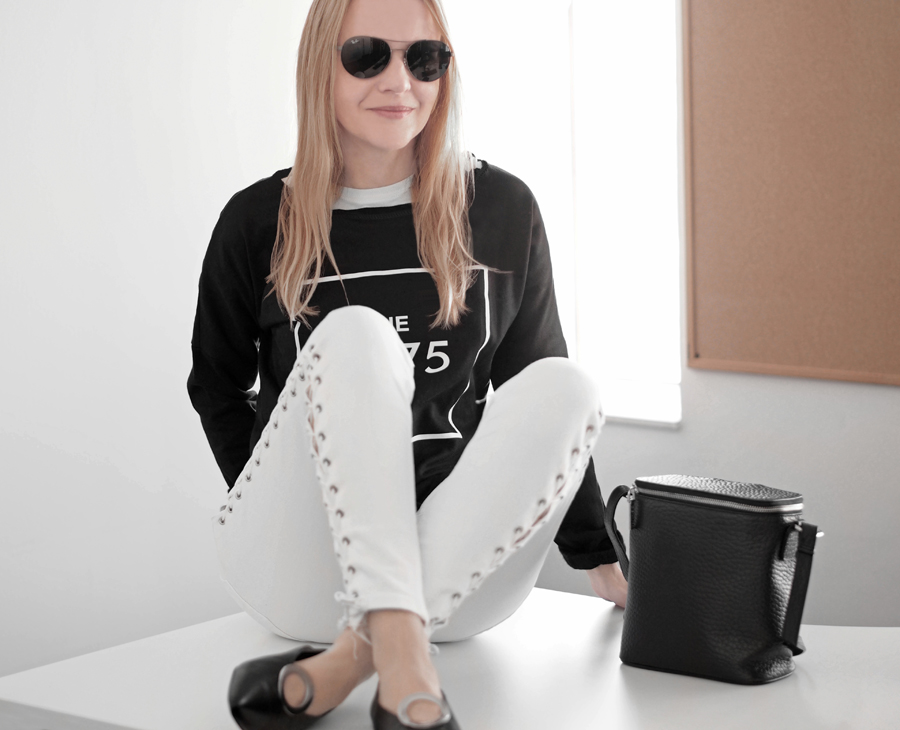 minimal chic outfit white lace-up skinny high waist jeans Topshop Jamie, Muji black and white striped t-shirt, black the 1975 cropped sweatshirt, silver loop detail leather pumps H&M, Nakedvice The Perspective leather bag, Ray-Ban sunglasses